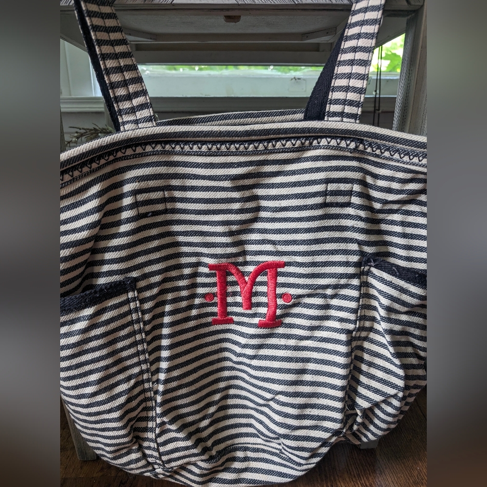 Thirty-One Retro Metro Bag Black and white Stripes Personalized Red M Embellishe